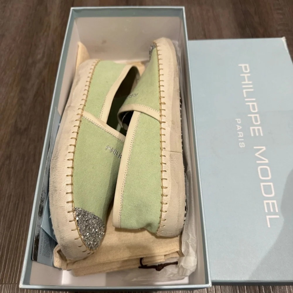 Philippe Model Marseille Low Canvas Glitter Detail Green Espadrille Flats